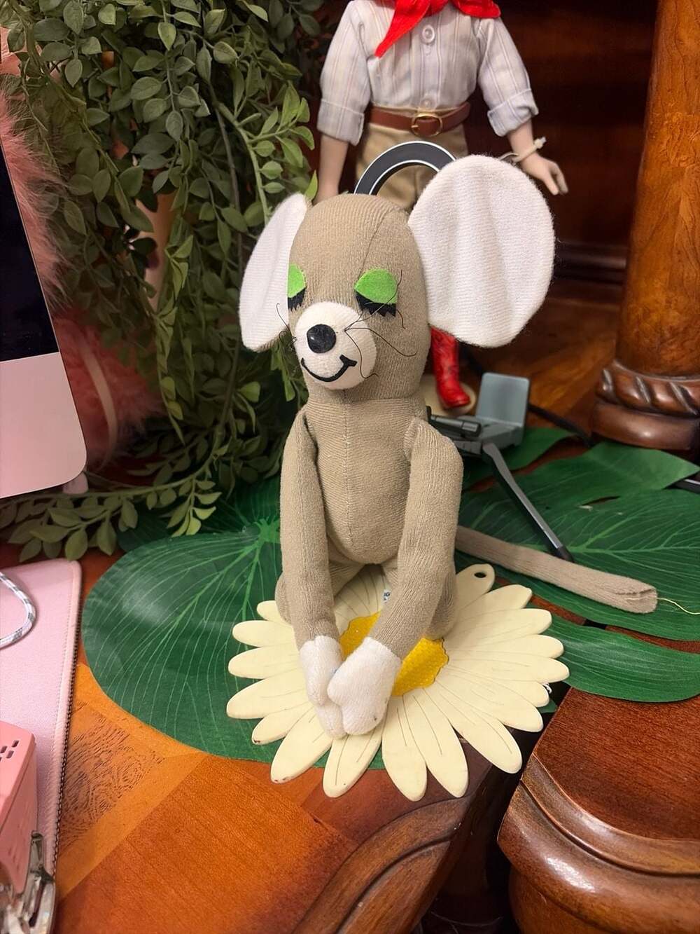Vintage 1970s R. Dakin Little Huggies Mouse Plush with Green Eyes